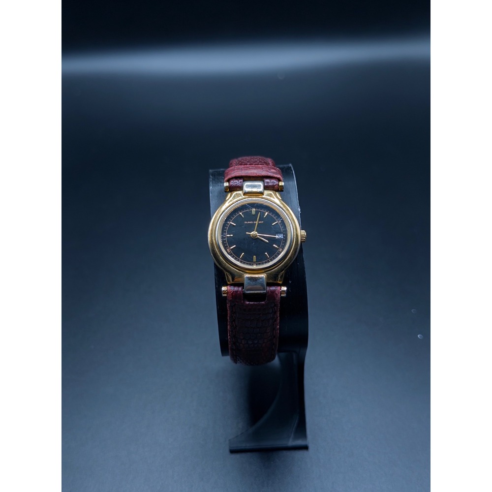 Vintage Sung Sport Gold Tone Quartz Watch Black Dial Lizard Leather Strap